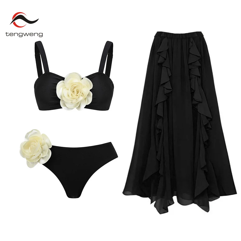 

2023 Sexy 3D Flower Push Up Bikini Set Swimwear Swimsuit Skirt Women Biquini Retro Print Monokini Bathing Suit Beachwear