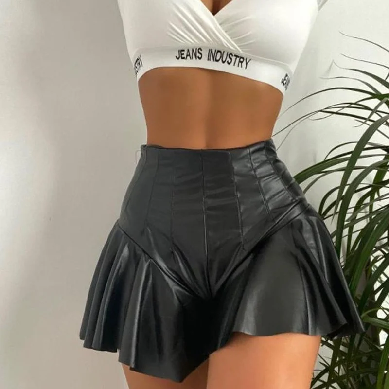 Women Sexy PU Lether Shorts Skirts High Waist Soild Color Shorts Party Clubwear Summer Fashion A-Line Mini Skirts 2022 New