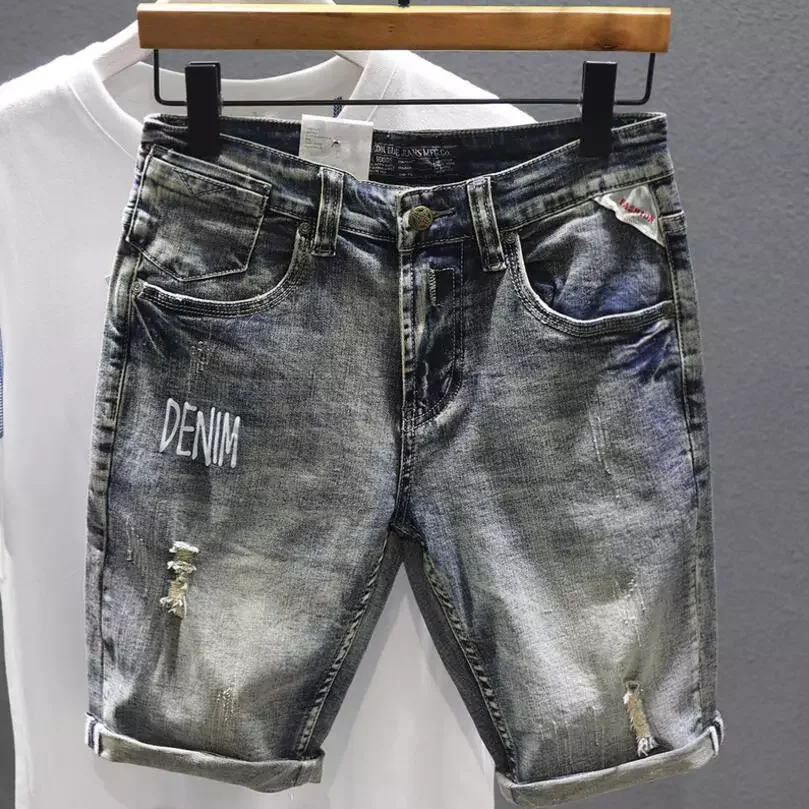 New2022 Gray Denim Shorts Holes Jeans Elastic Casual Shorts High Quality Male Stretch Cotton Denim Jeans Shorts Knee Length Jean
