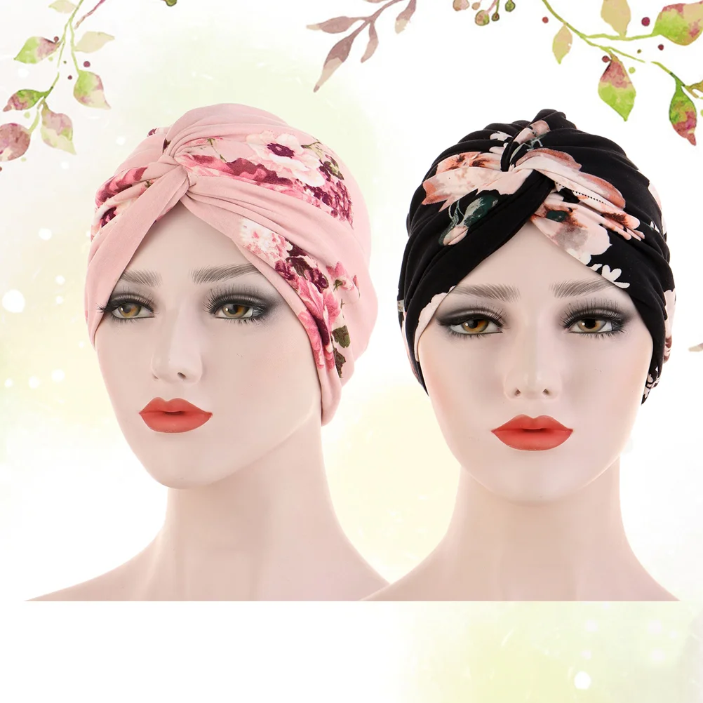 

Turban Caps Islamic Muslim Floral Printed Headwrap Scarf Polyester for Ladies 2pcs