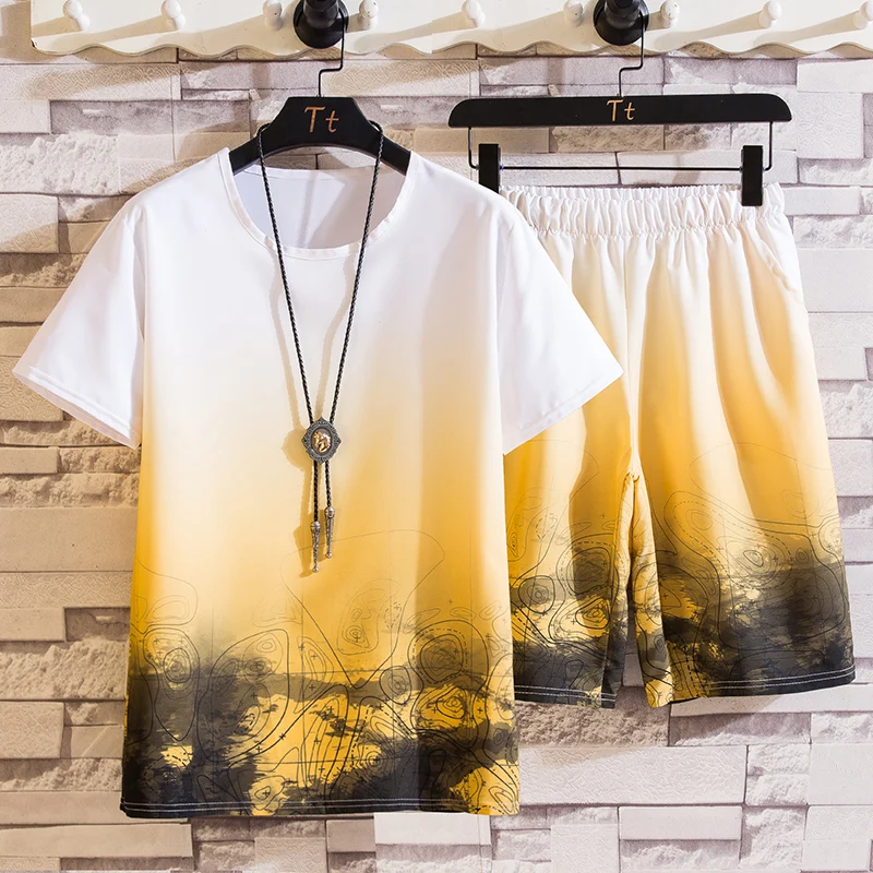 

2021 New Large Size Ice Silk Set Short Sleeve Shorts Gradual Tie-dye Set Young Fashion Students Summer Two Pieces