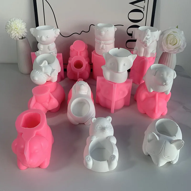 Portrait Animal Gypsum Flower Pot Silicone Mold Handmade Aromatherapy Candle Abrasive Succulent Container Cement Mould