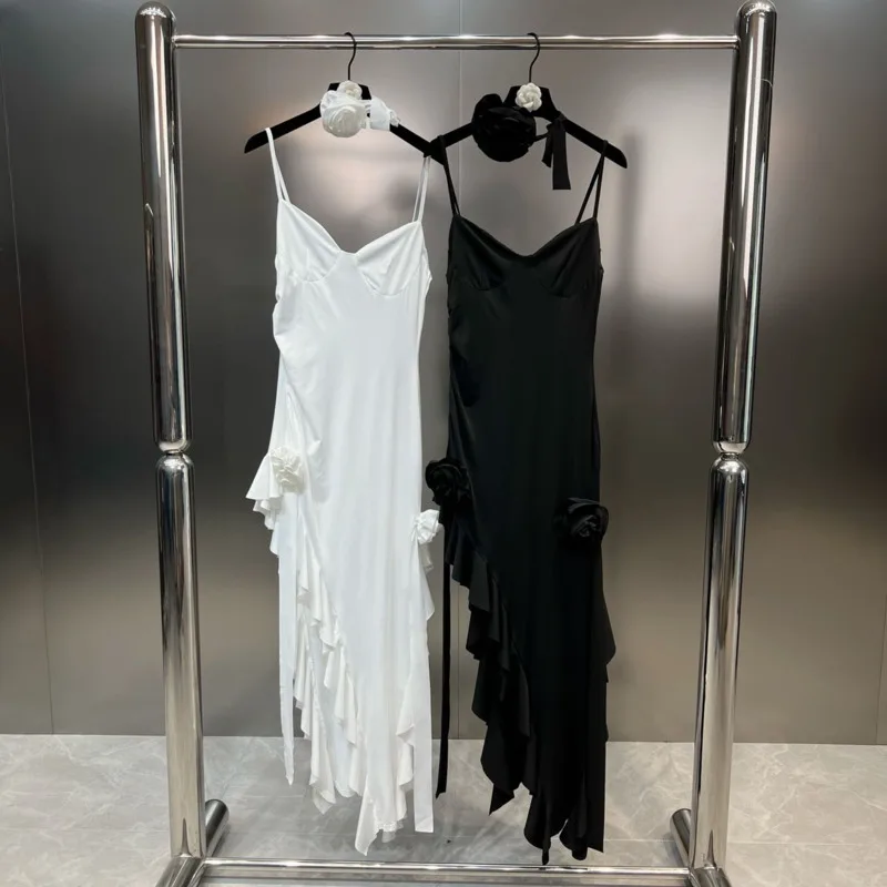 

BORVEMAYS Sleeveless Ruffles Tassel Dress Temperament Elegant Solid Color Simple 3D Flower V Neck Dresses Temperament WZ3290