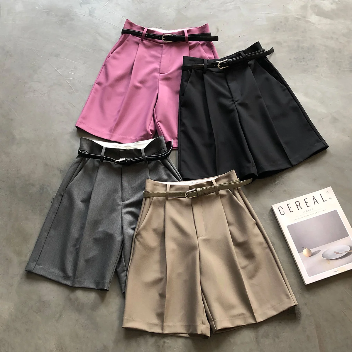 

Belted Suit Shorts Khaki Gray Black Orange Women's 2022 Summer New High Waist Slim Casual Straight Tube Wide Leg Shorts