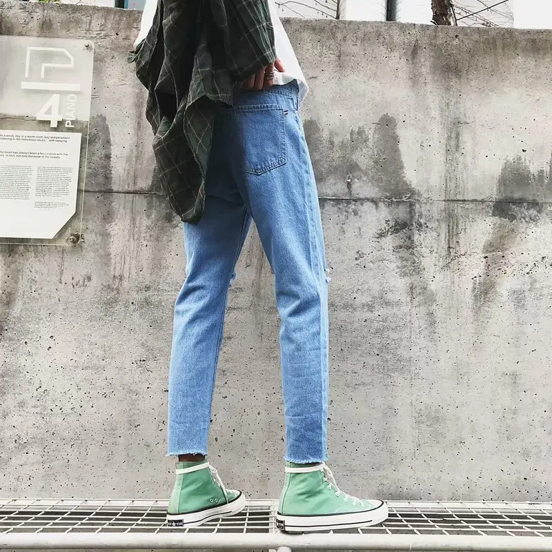 Top Quality 2022 Fashion Teenager Casual Men's Knee Hole Design Light Blue Hip Hop Leisure Ankle Length Jeans Men Erkek Pantolon