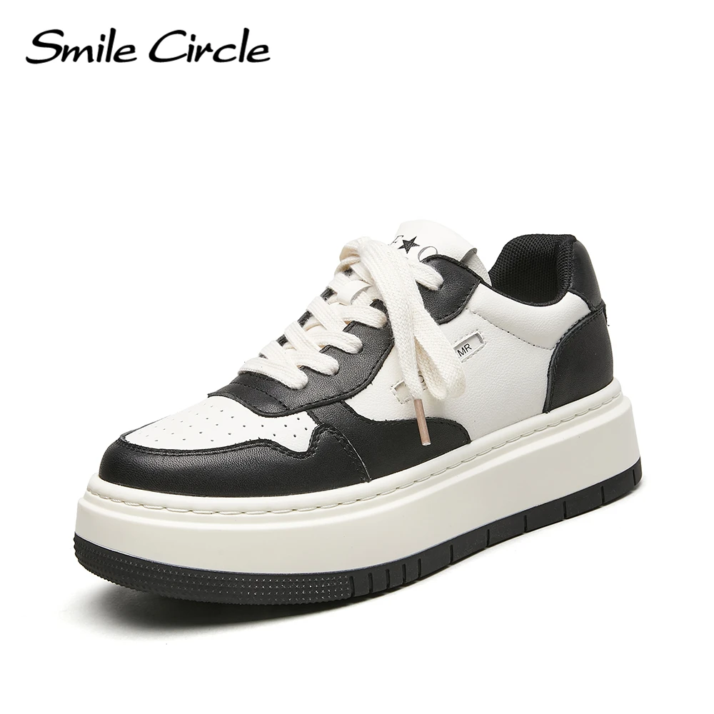 

Женские кроссовки Smile Circle, из натуральной кожи, на плоской подошве, на платформе, с круглым носком, на шнуровке, женские кроссовки