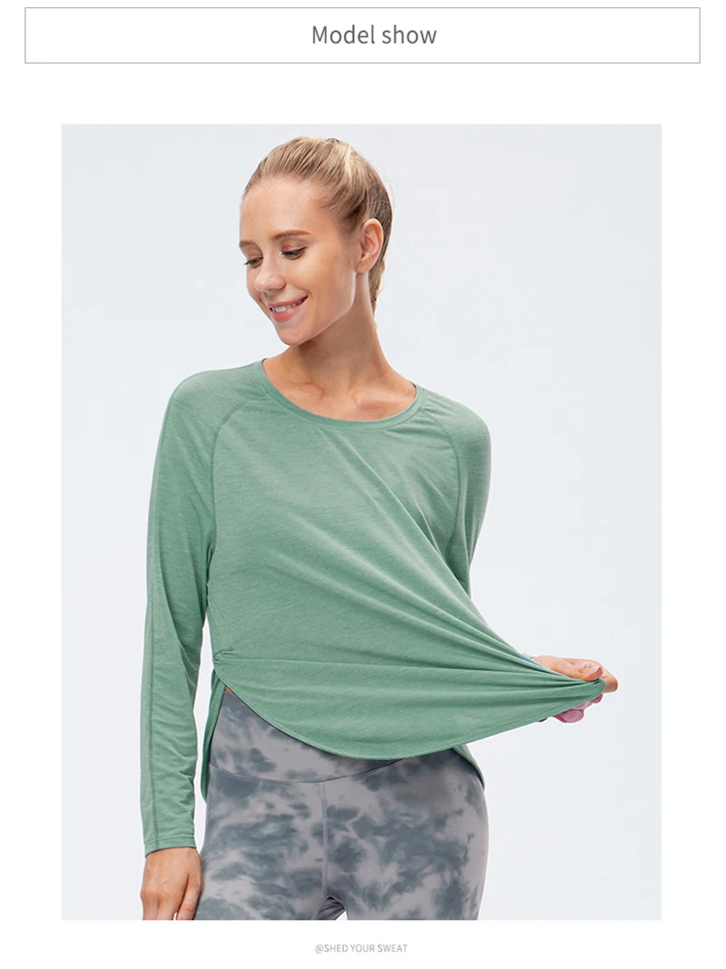 Women's Long Sleeve Workout Shirts Scoop Neck Sports Yoga Running Dry Fit Tops Basic Loose Fit Side Split Activewear