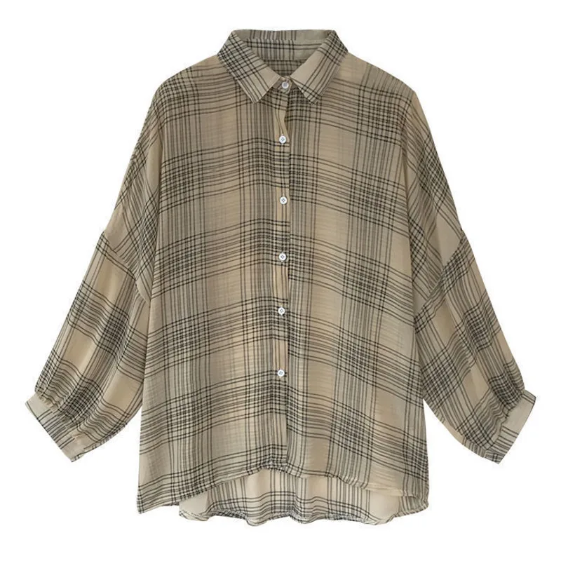 

Ladies Plaid Chiffon Shirts Women Elegant Tender Loose Summer Korean Fashion Air Conditioner Shirt Lapel Thin Single-Breasted