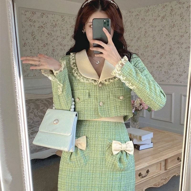

2Piece Green Tweed Outfits Elegant Peter Pan Collar Short Jacket Above Knee Plaid Skirts Fashion 2022 Autumn Winter Clothes New