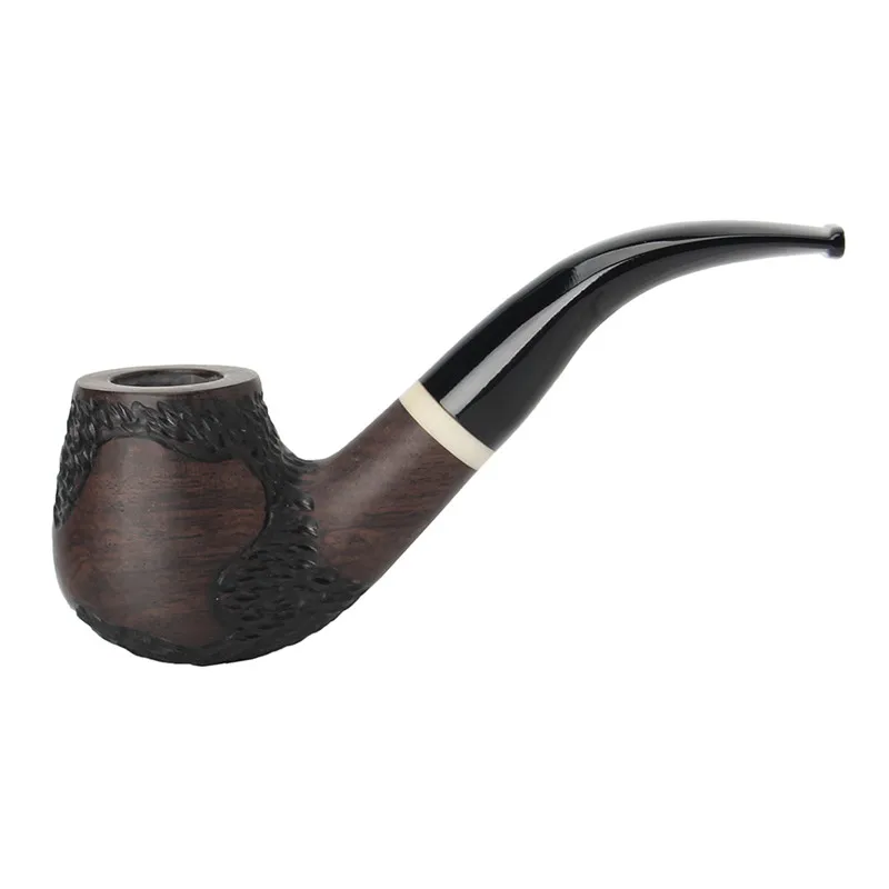 

MUXIANG Ebony Wooden Carved Smoking Pipe with Curved Handle And Imitation Ivory Ring 9MM Filters Free 10 Pipe Tools wgac0024k01