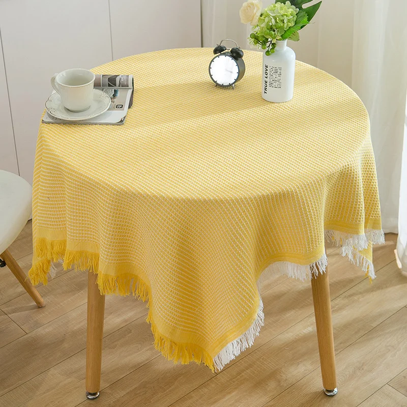 

Waffle Yellow Cotton Tassel Tablecloth Coffee Table Round Table Bedside Table Lace Home Dining Table Mat Sofa Cover Blanket