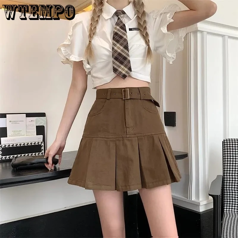 

Женская летняя трапециевидная короткая юбка WTEMPO с защитными брюками, однотонная винтажная популярная мини-юбка с высокой талией в уличном стиле для девушек