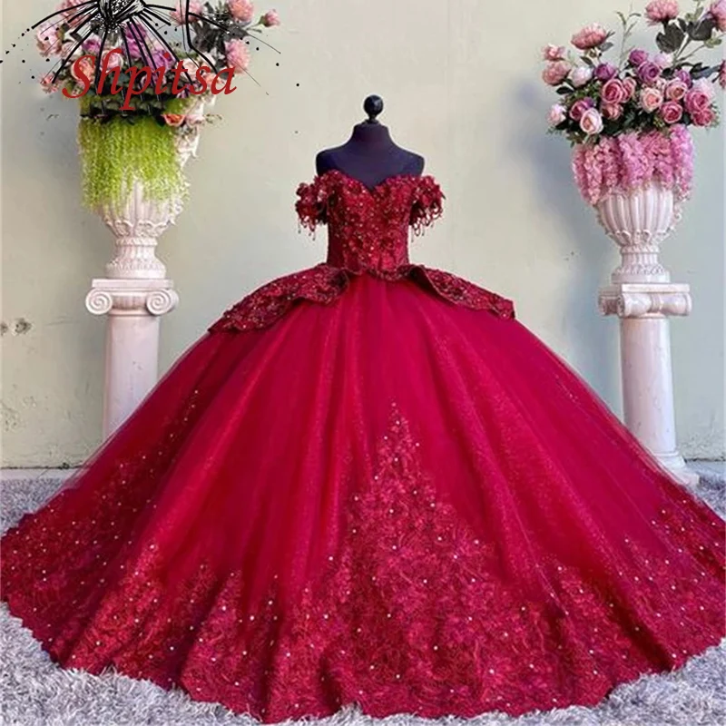 Красное Кружевное платье Quinceanera женское бальное с открытыми плечами маскарадное
