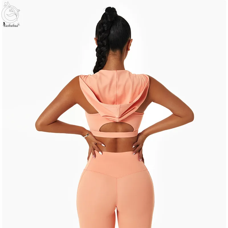 Yushuhua Hooded Fitness Vest Women's Gym Yoga Bra Sexy Gather Casual Crop Top Cycling Run Sports Bra Female Solid Underwear