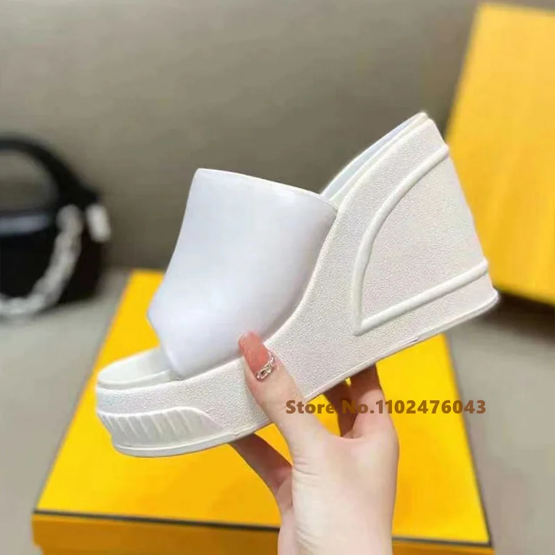 Thick Sole High Heel Women's Slippers White Round Toe Wedge Heel Holiday Beach Shoes Summer New Shallow Outside Slippers