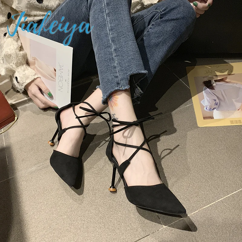 

2022 Ladies New Lace-Up Shoes Non-slip Wear-Resistant Lace-Up Pointed Toe Shallow Mouth Ladies High Heels