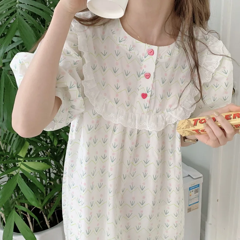 Women's Pajamas Night Dress Korean Fashion Lounge Wear Floral Lace Round Neck Cotton Sleeve Sleepdress Nightgown Women Cotton