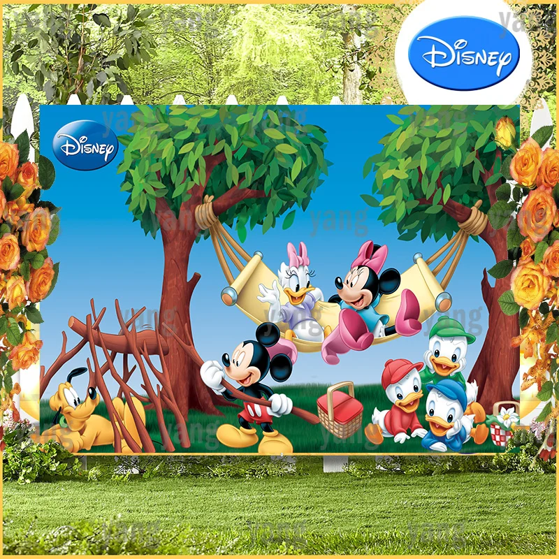 

Custom Disney Cartoon Lovely Baby Mickey Minnie Mouse Cute Daisy Birthday Party Forest Park Backdrop Photography Background
