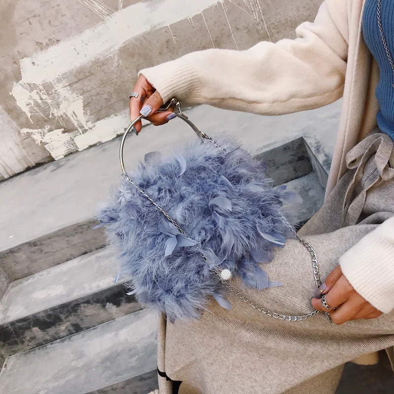 

Soft Feather Ring Evening Handbag Women's Fashion Shoulder Chain Bag Small Wallet and Handbag