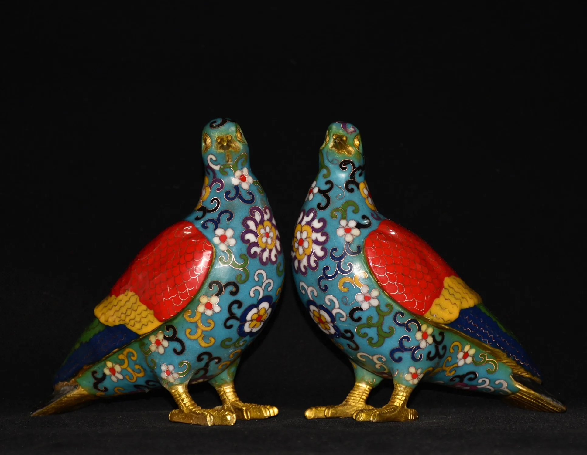 

8"Tibetan Temple Collection Old Bronze Cloisonne Pigeon Statue A pair dove of peace Amass wealth Ornaments Town house