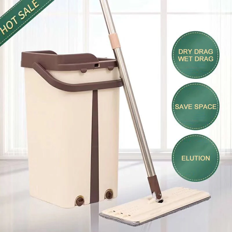 

Flat Mop With Bucket Squeeze Hand Free Washing Floor 360 Rotating Cleaning Mop Microfiber Pads Wet Dry Usage Home Kitchen Tools