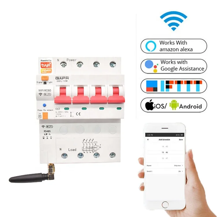 

GXPR Wifi Smart RCBO Circuit Breaker Tuya app Google Voice Remote Control Timing 4p Wifi branch circuit breakers