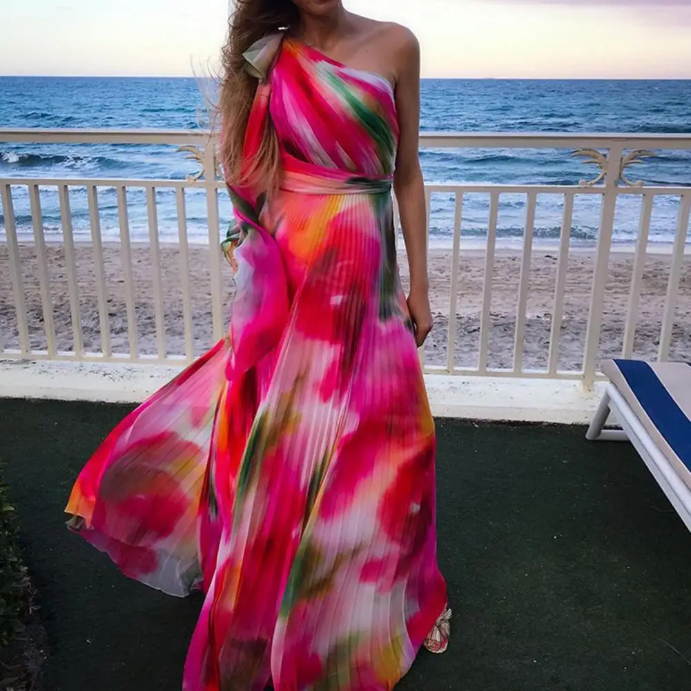 

Shoulder Lace-up Waist Tight Flowy Large Hem Elegant Dress Rainbow Printing One Shoulder Pleated Maxi Dress Party Clothing