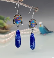 bohemian ethnic lapis lazuli earring vintage jewelry silver color carving water droplets blue stone dangle earrings for women