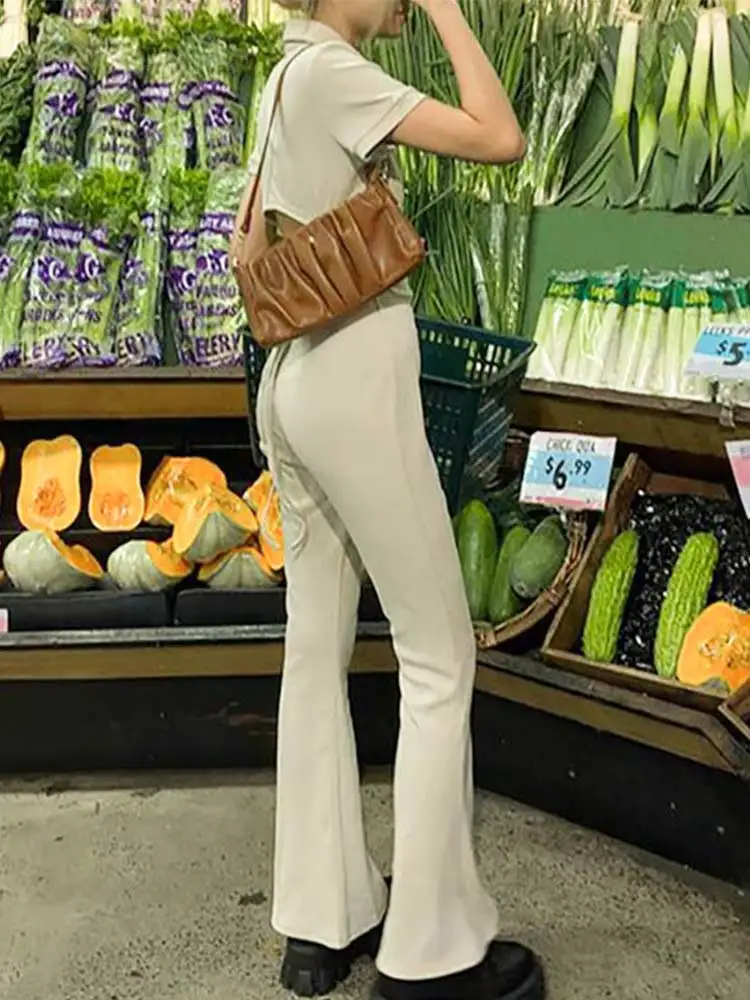 Абрикосовый женский модный комбинезон на шнуровке с коротким рукавом и длинными