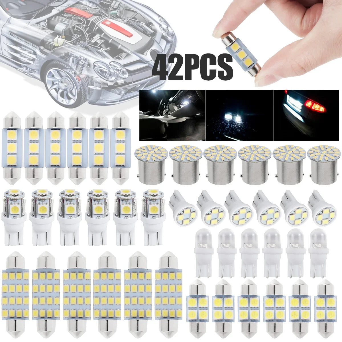 

42 Шт. T10 6000K SMD Светодиодные Лампы Для Салона Автомобиля, Белые Ксеноновые Лампы Для Чтения Номерного Знака, 12 В, 15 Вт
