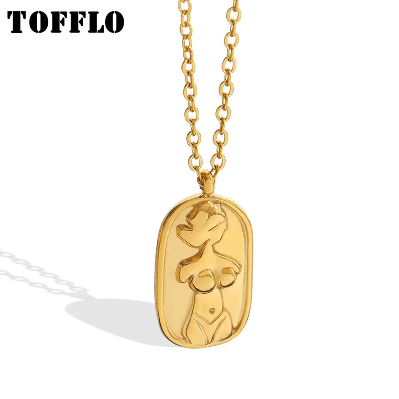 

TOFFLO Stainless Steel Jewelry Personalized Oval Relief Figure Pendant Necklace Women's Fashion Collarbone Chain BSP327