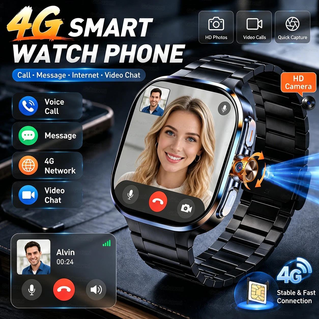 Фото Новые умные часы с поддержкой 4G и 5G, 2.4-дюймовый AMOLED-экран, слот для SIM-карты, GPS, Wi-Fi, модель 190 °   Смарт-часы Android с вращающейся камерой для игр №2