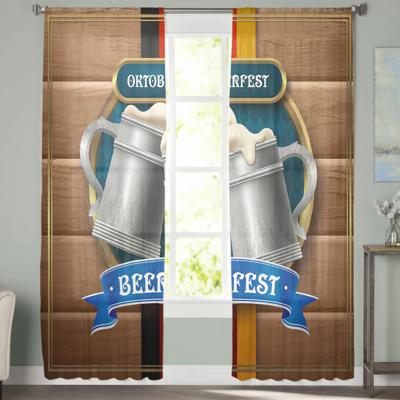 

Oktoberfest Wood Grain Beer Tulle Curtains For Living Room Bedroom Decoration Luxury Voile Valance Sheer Curtains For Kitchen