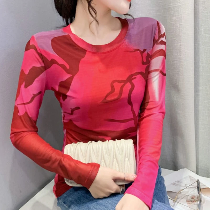 Женская футболка 2024 сетчатая облегающая Топ для женщин одежда с принтом