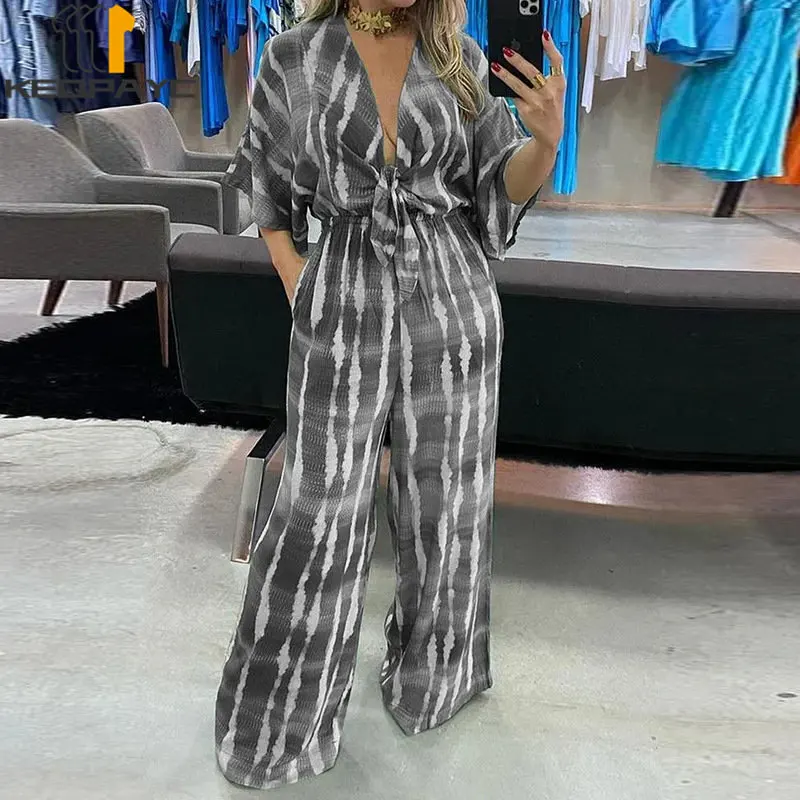 Summer Women's Jumpsuits New 2023 Women Elegant Striped Print Tie Up V-neck Batwing Sleeve Loose Jumpsuit Ladies Fashion Clothes