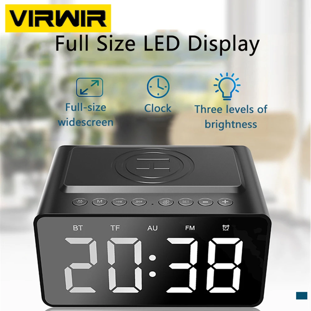 

Wireless Charger & Multi-function Wireless Bluetooth Speaker LED Time Display FM Radio HiFi Stereo Bass Sound Mini Alarm Clock