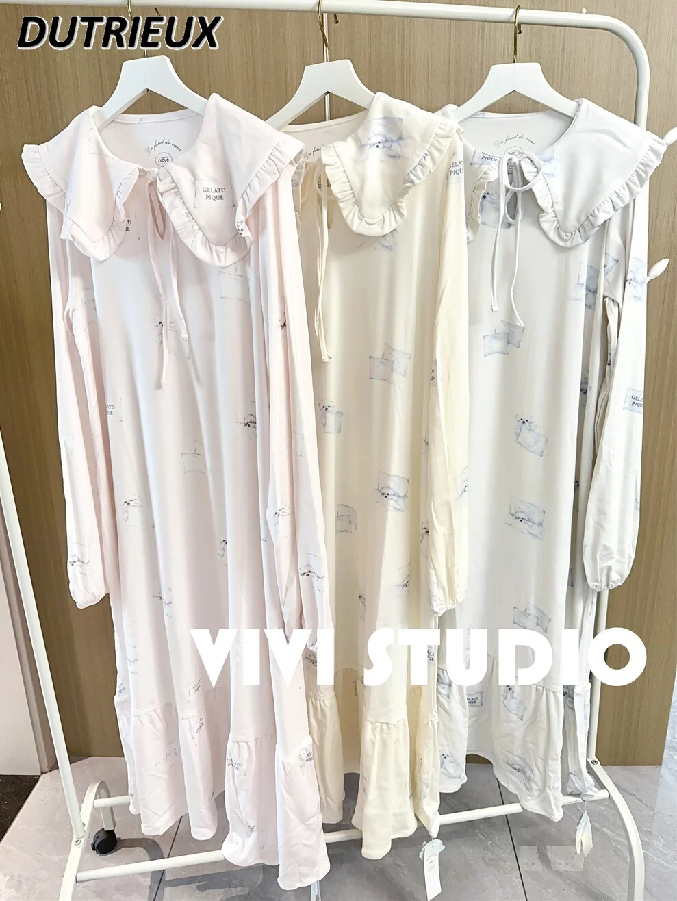 Женская ночная сорочка с длинным рукавом и воротником листья лотоса