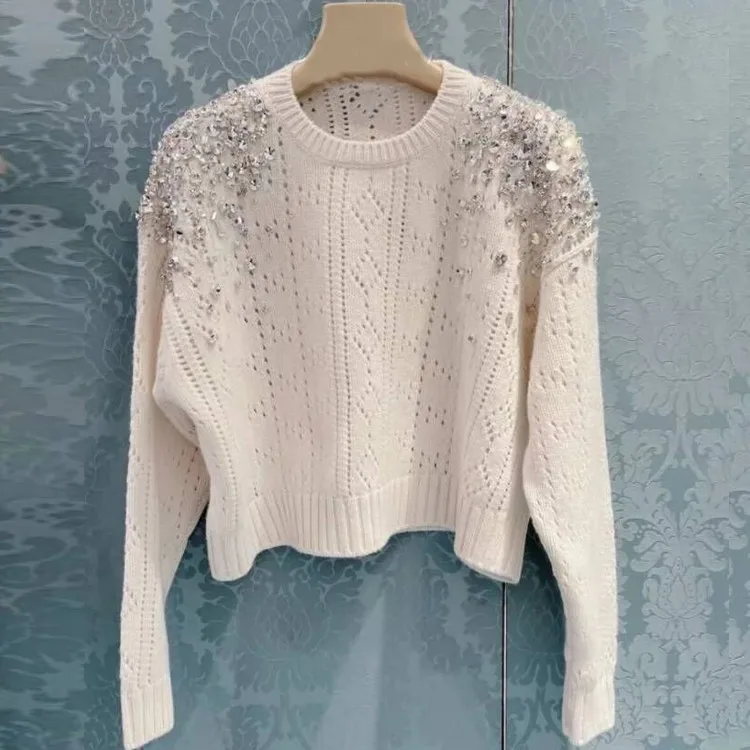 

Модный классический модный роскошный дизайнерский тканевый свитер с круглым вырезом с бусинами и бриллиантами утолщенный Свободный Вязан...