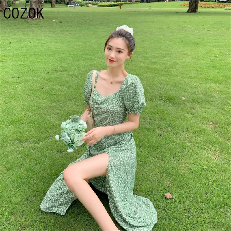 

Bohemian style long dress, small fresh women's Korean style summer elegant COZOK brand print dress, travel outing long dress