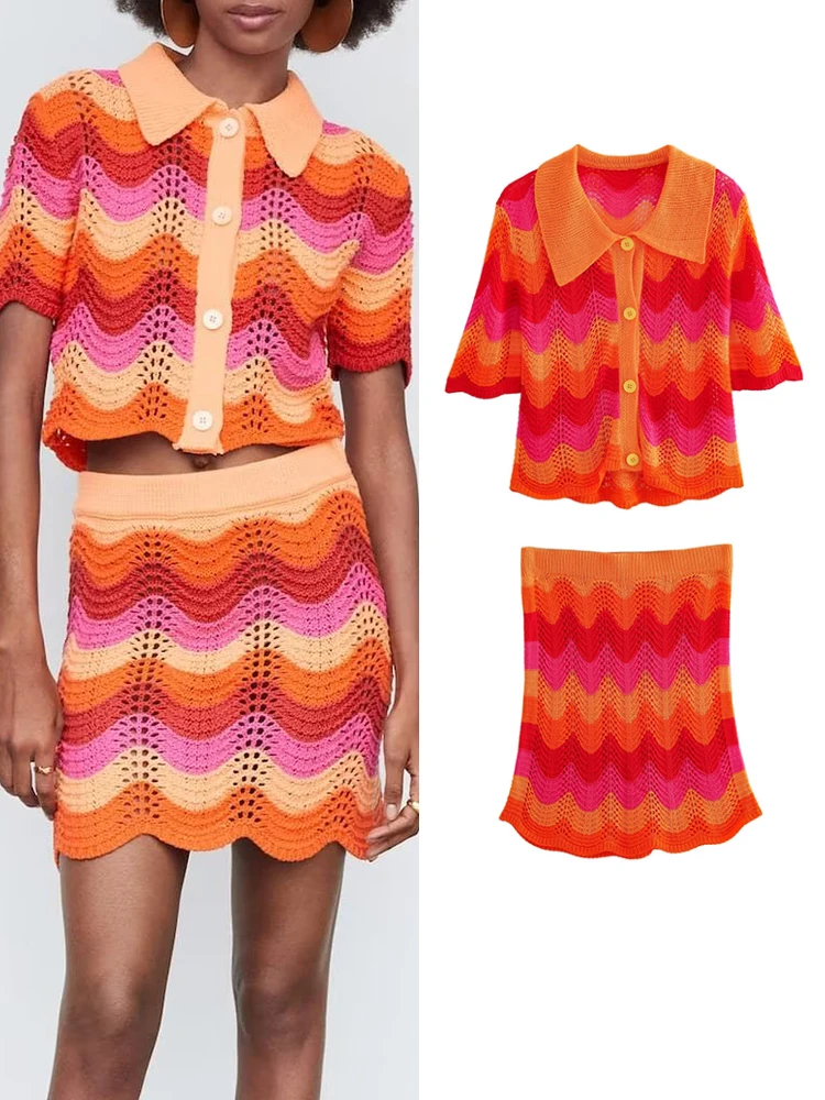 

TRA New Women Mesh knitted Top Skirt Set 2023 Summer Female Colorful Lapel Single-Breasted Short Sleeve Chic Coat+Mini Skirt
