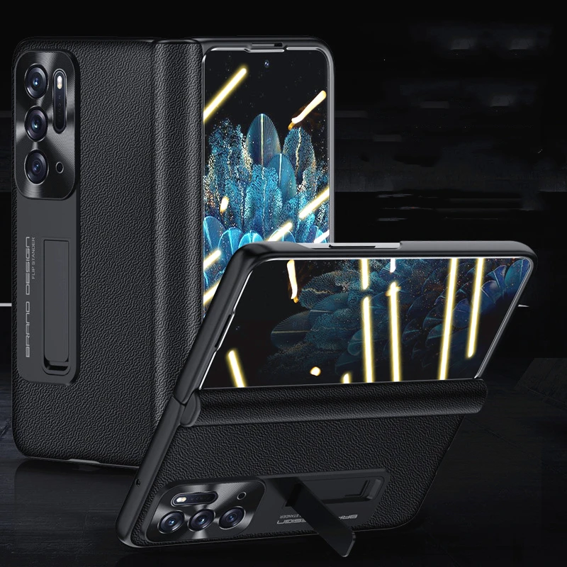 

Чехол для OPPO Find N2 5G, кожаный чехол с петлями, жесткая подставка, чехол с закаленной пленкой спереди для OPPO Find N2 Capa, полная защита