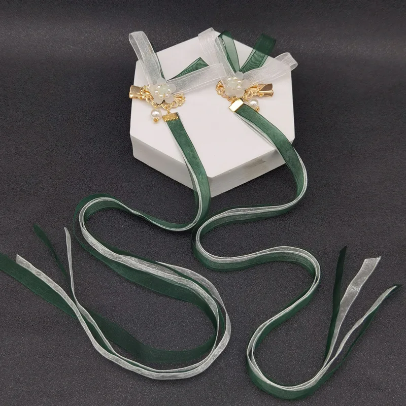 

Long Ribbon Pearl Hair Stick Ancient Style Hairpin Fresh Flower Design Headwear Hanfu Metal Hairpick Kids Pair Clip