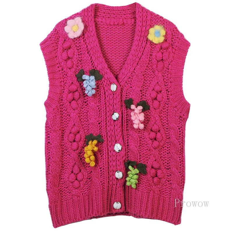 

Crochet Fuchsia Vest 2023 Autumn Winter -neck Contrast Flower Stitching Loose Purple Knitted Vest Thick Cardigan Sleeveless