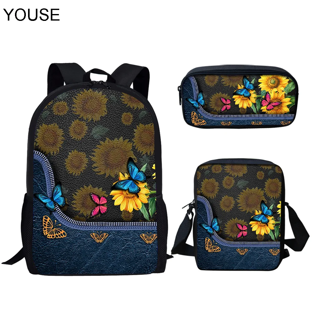

YOUSE Gold Butterflies and Sunflower Zipper Design Backpack for Girls Boys Large Capacity Teenage Kids School Bag Set 2022