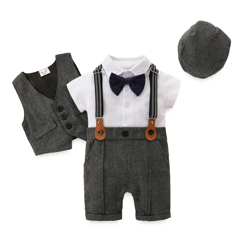 

Newborn Baby Boys Gentleman Clothes Jumpsuit Set Summer 2023 Short Sleeve Romper Gilet Hat Summer Outfit 0 to 24 Months