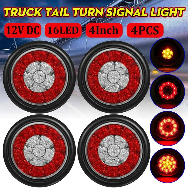

4X 4 Inch Round Red/Amber 16-LED Truck Trailer Brake Stop Turn Signal Tail Lights