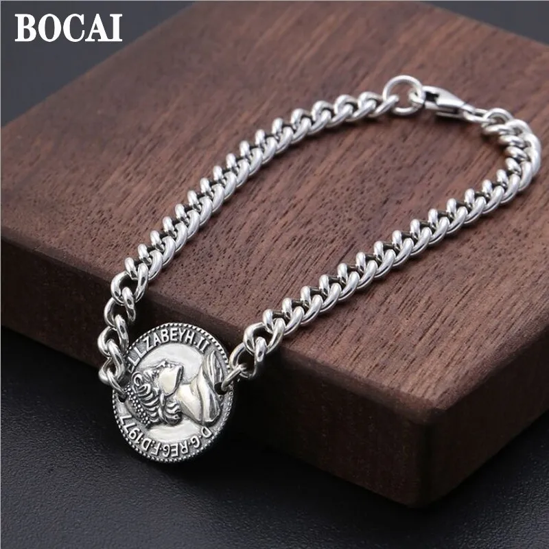 

BOCAI New 100% 925 Pure Silver Trendy Jewelry Accessorie Vintage Fashion European Round Portrait Letters Men Bracelet