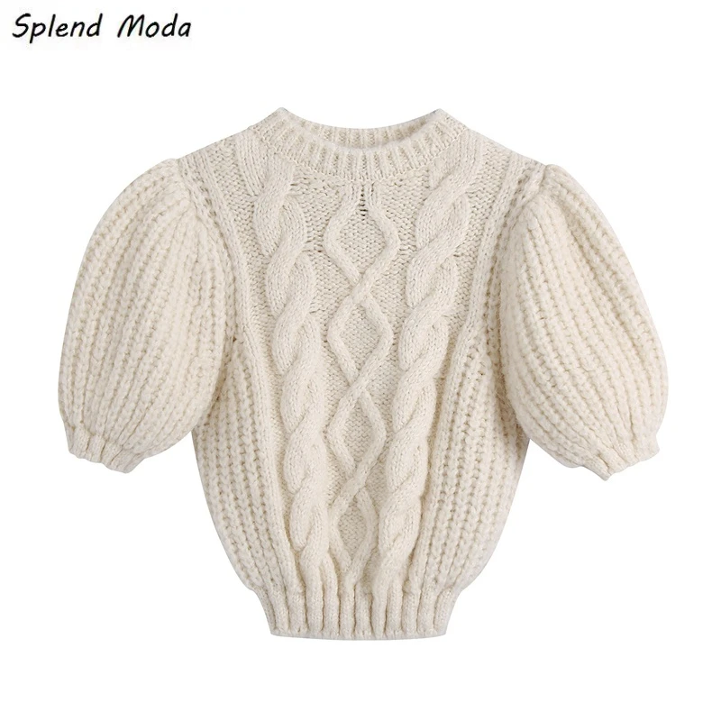 Женский трикотажный пуловер с круглым вырезом и пышными рукавами |