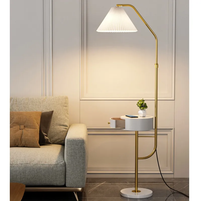 

Scandinavian Pleated Led Floor Lamp Living Room Sofa Wooden Drawer Storage Standing Lamps Bedroom Bedside Light Home Decoration