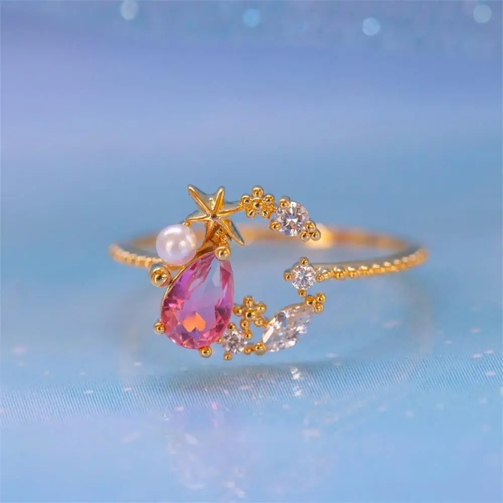 

New Design Pink Zircon Star Adjustable Rings for Women Delicate Jewelry Gold Plated Moon Earrings Gift Sexy Party